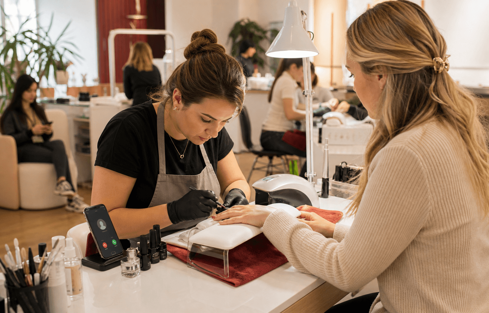 A stylist attending to a customer in a busy salon while the phone rings in the background