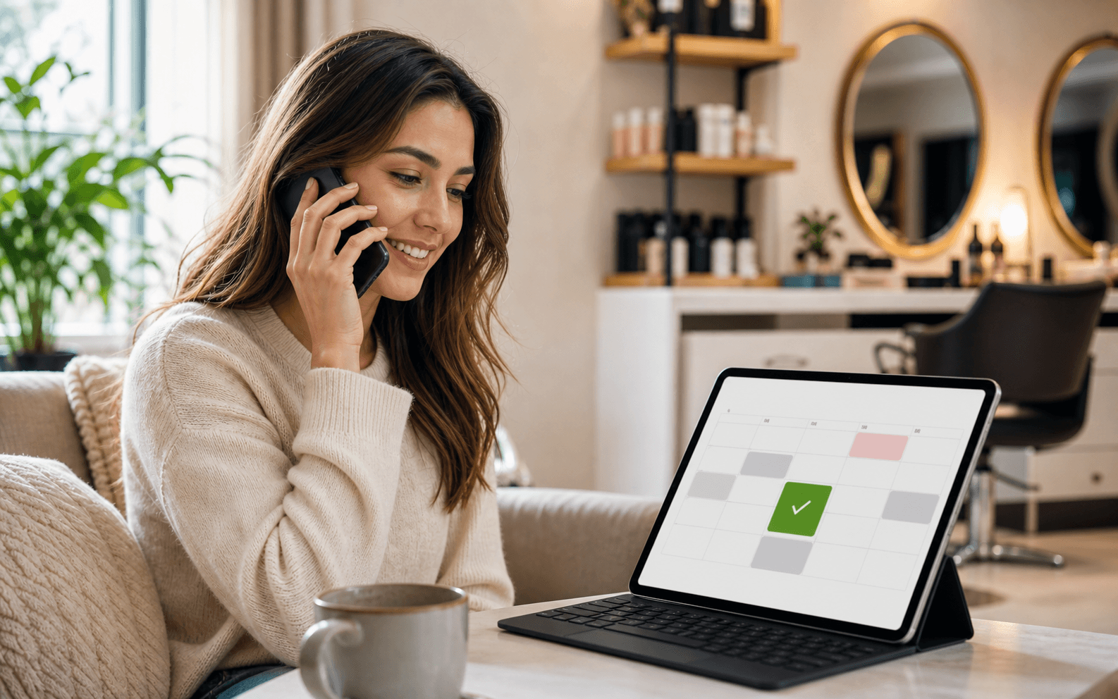 A customer talking on the phone next to a calendar screen showing a confirmed appointment