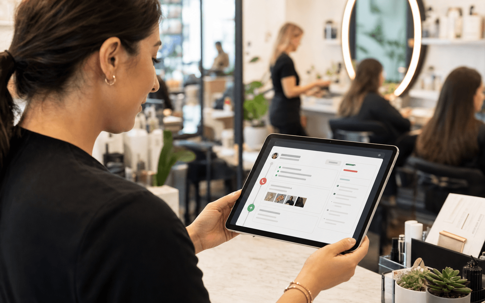 A salon employee reviewing a short call summary on a tablet